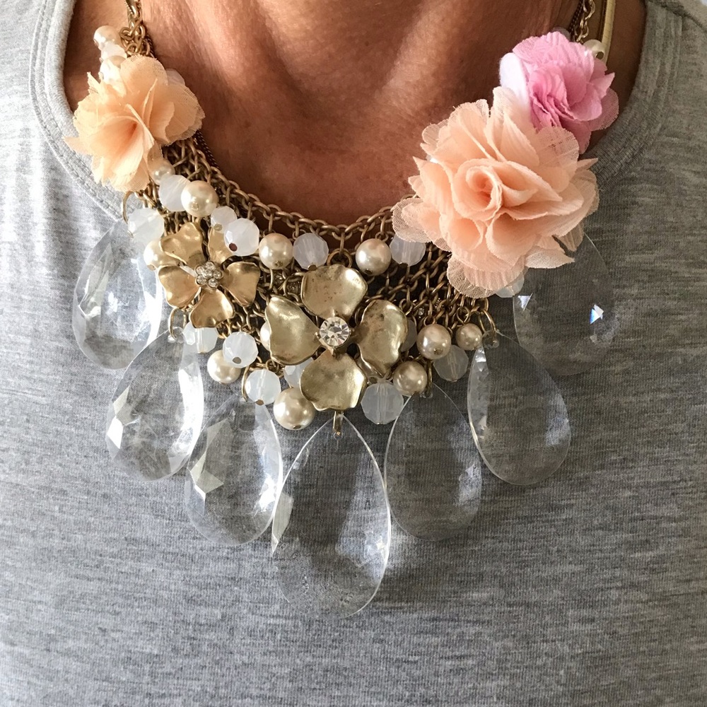 Ornate Silver and Gold Floral Necklace with Crystal Drops boho
